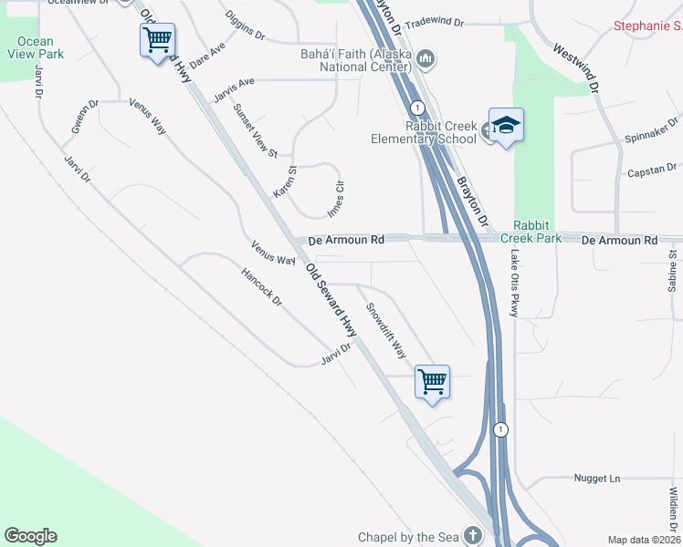 map of restaurants, bars, coffee shops, grocery stores, and more near 2110 Hannah's Court in Anchorage