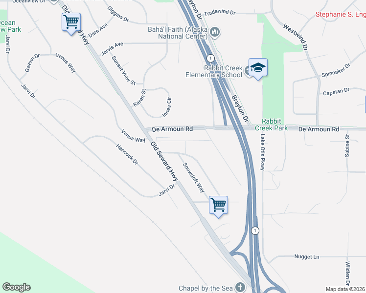 map of restaurants, bars, coffee shops, grocery stores, and more near 14035 Sunview Drive in Anchorage