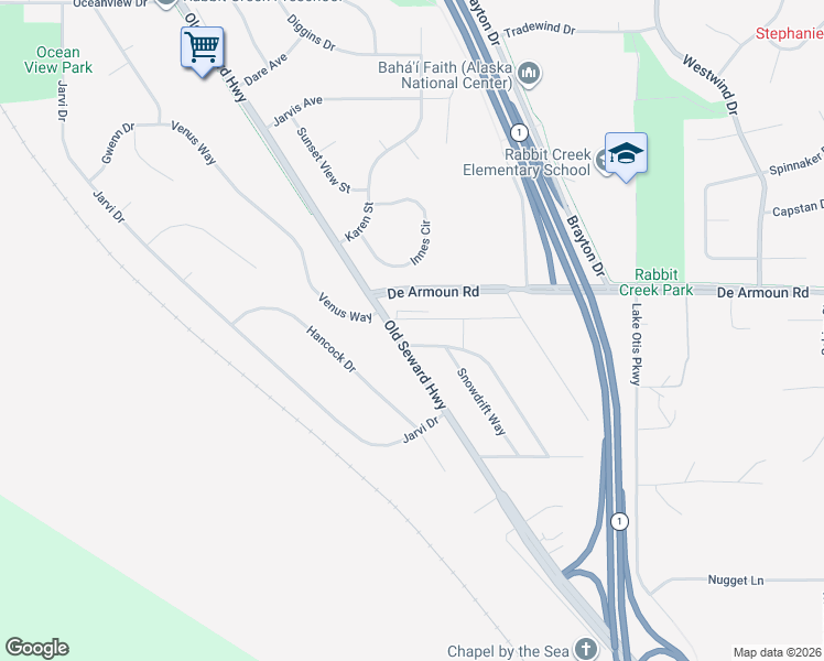 map of restaurants, bars, coffee shops, grocery stores, and more near 2110 Hannah's Court in Anchorage