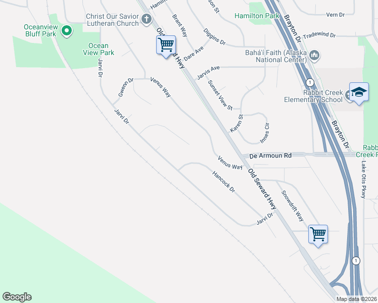map of restaurants, bars, coffee shops, grocery stores, and more near 1741 George Bell Circle in Anchorage