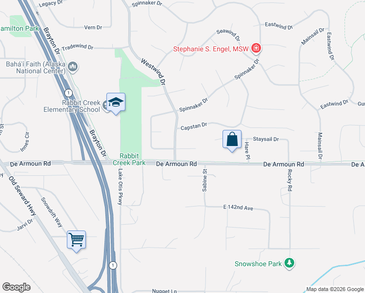 map of restaurants, bars, coffee shops, grocery stores, and more near 79 Westwind Court in Anchorage