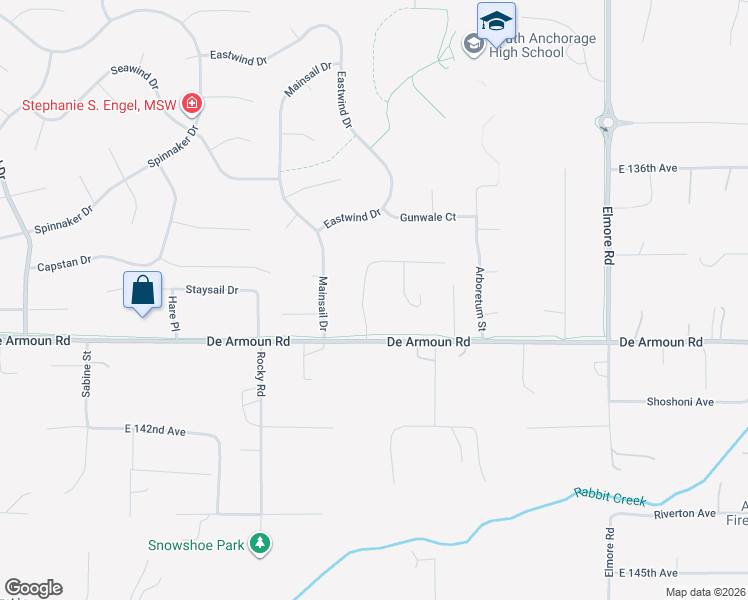 map of restaurants, bars, coffee shops, grocery stores, and more near 3616 Matthews Drive in Anchorage