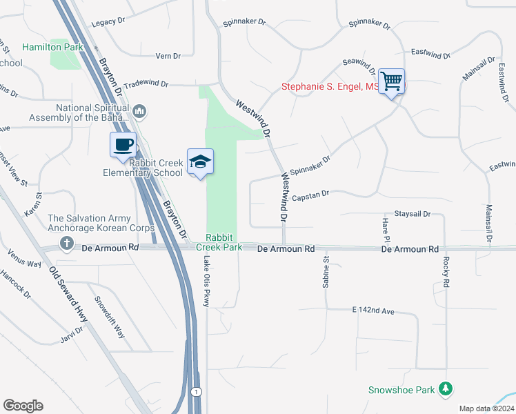 map of restaurants, bars, coffee shops, grocery stores, and more near 2850 Seafarer Loop in Anchorage