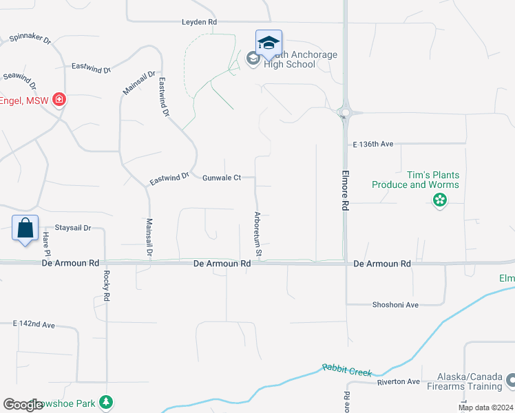 map of restaurants, bars, coffee shops, grocery stores, and more near 13802 Arboretum Street in Anchorage