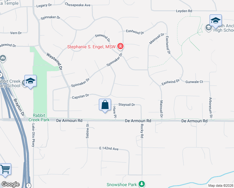 map of restaurants, bars, coffee shops, grocery stores, and more near 3200 Capstan Court in Anchorage