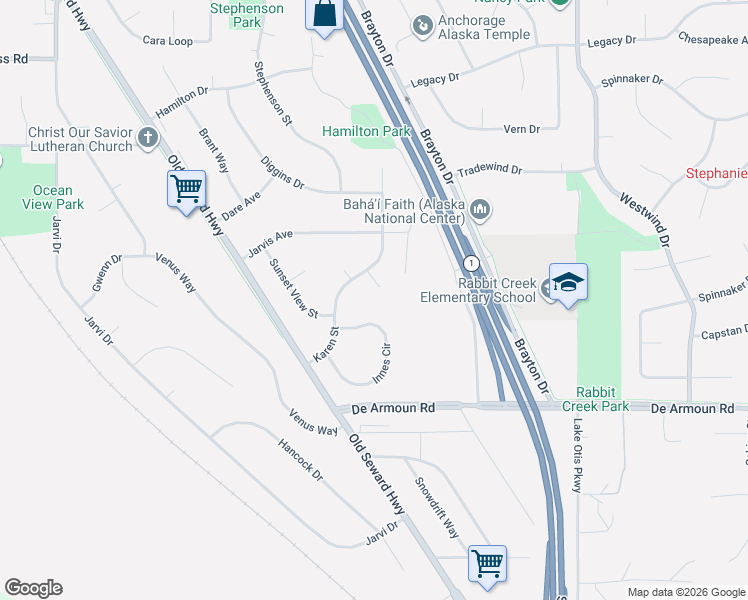 map of restaurants, bars, coffee shops, grocery stores, and more near 13655 Karen Circle in Anchorage