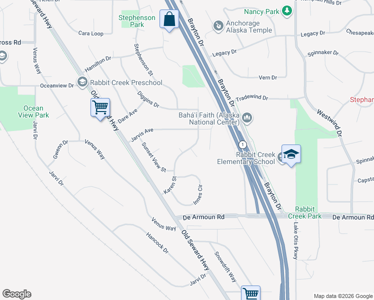 map of restaurants, bars, coffee shops, grocery stores, and more near 13630 Karen Street in Anchorage