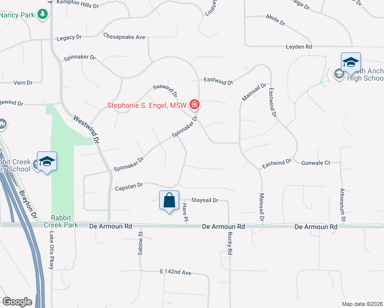 map of restaurants, bars, coffee shops, grocery stores, and more near 3221 Capstan Court in Anchorage