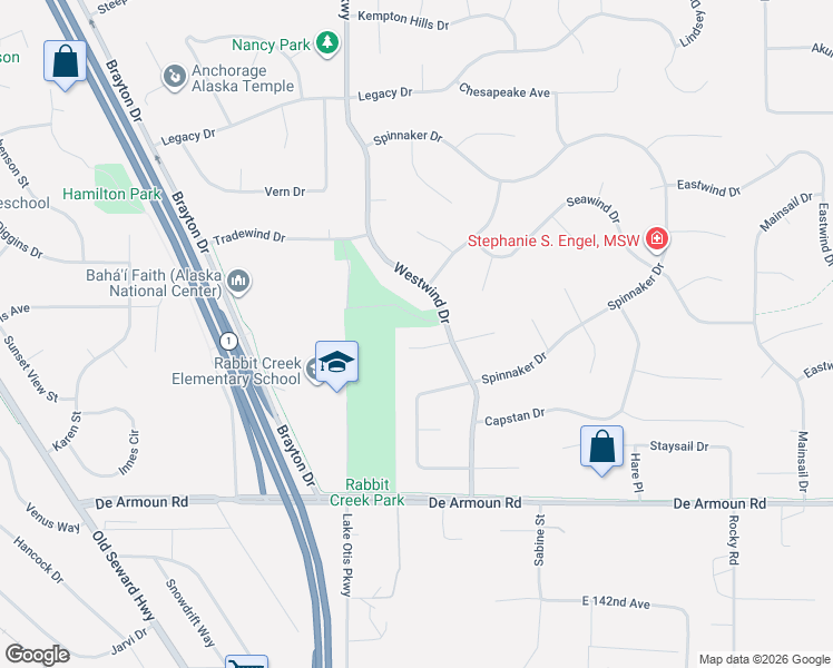 map of restaurants, bars, coffee shops, grocery stores, and more near 13570 Westwind Drive in Anchorage