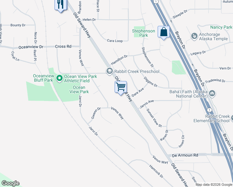 map of restaurants, bars, coffee shops, grocery stores, and more near 13490 Old Seward Highway in Anchorage