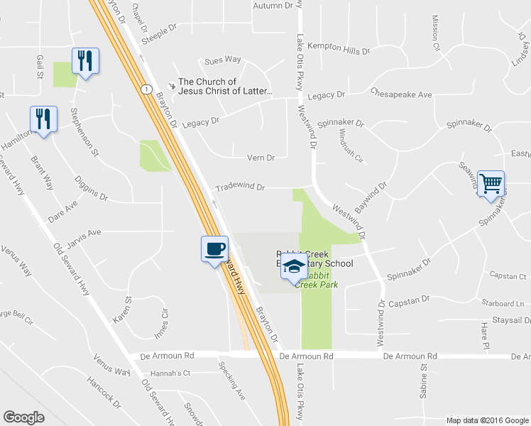map of restaurants, bars, coffee shops, grocery stores, and more near 13501 Brayton Drive in Anchorage
