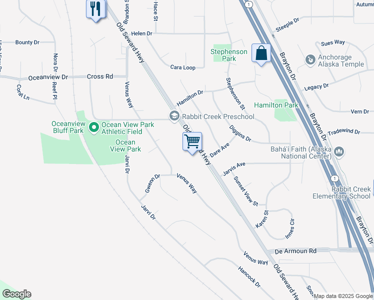 map of restaurants, bars, coffee shops, grocery stores, and more near 13496 Old Seward Highway in Anchorage
