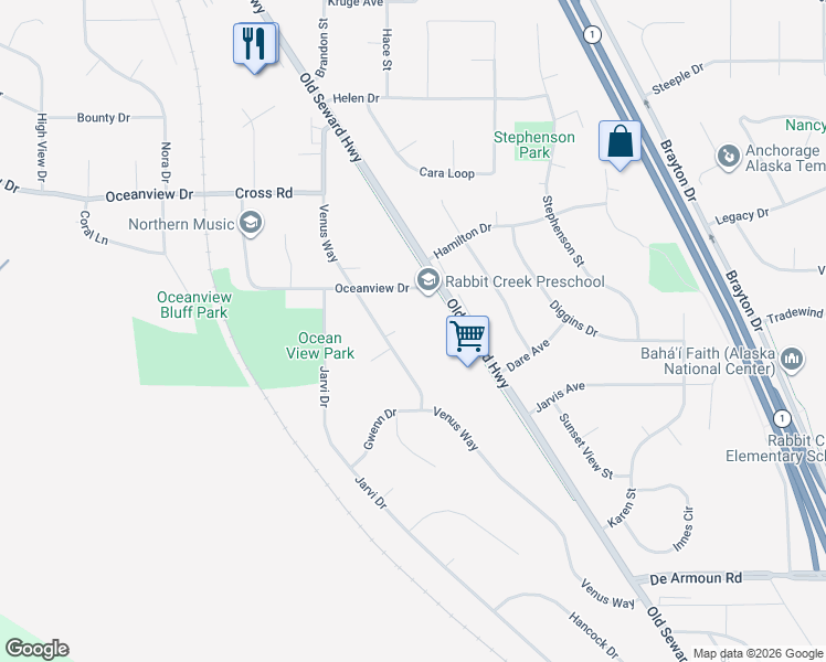 map of restaurants, bars, coffee shops, grocery stores, and more near 13441 Venus Way in Anchorage