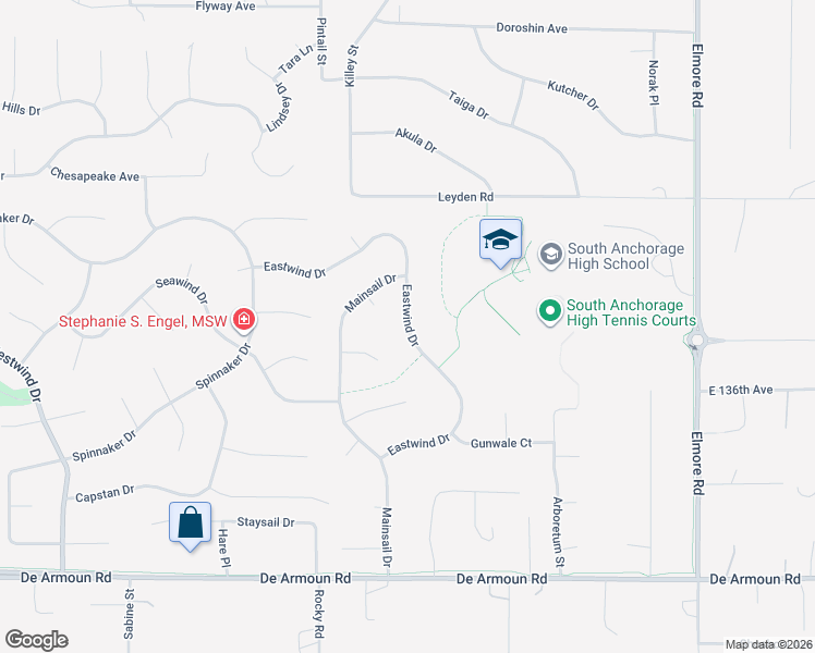 map of restaurants, bars, coffee shops, grocery stores, and more near 3633 Eastwind Drive in Anchorage