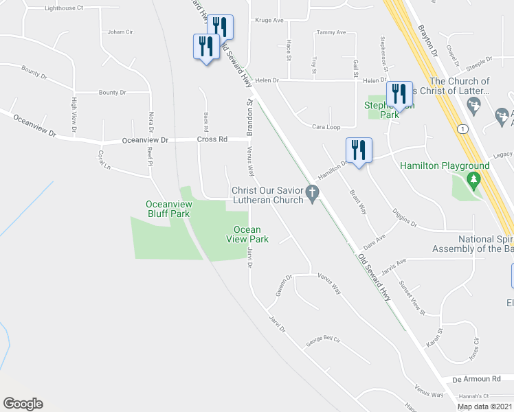 map of restaurants, bars, coffee shops, grocery stores, and more near 1406 Oceanview Dr in Anchorage