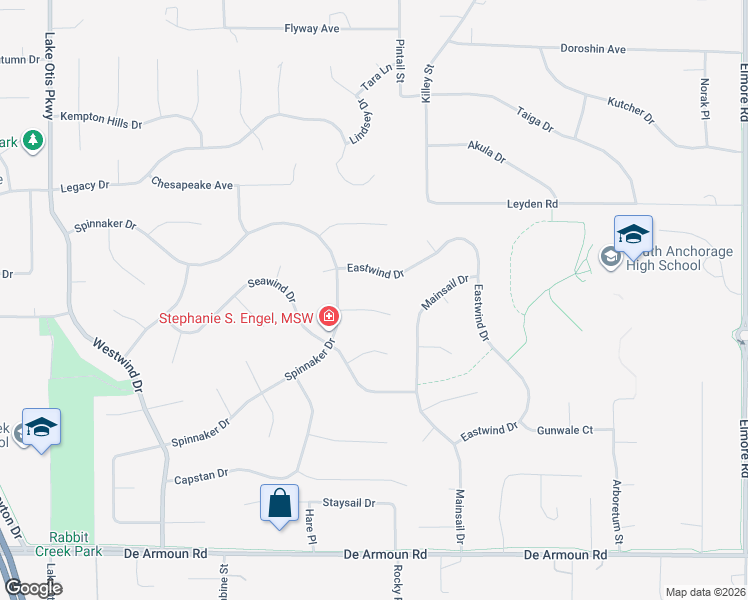 map of restaurants, bars, coffee shops, grocery stores, and more near 3331 Windlass Circle in Anchorage