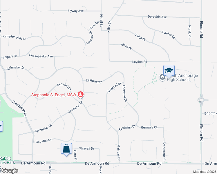 map of restaurants, bars, coffee shops, grocery stores, and more near 13424 Mainsail Drive in Anchorage