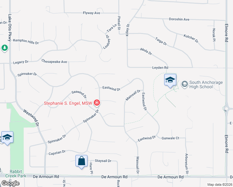 map of restaurants, bars, coffee shops, grocery stores, and more near 3331 Windlass Circle in Anchorage