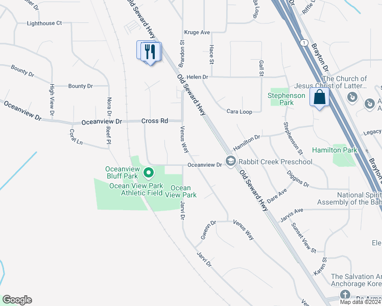 map of restaurants, bars, coffee shops, grocery stores, and more near 1406 Oceanview Drive in Anchorage