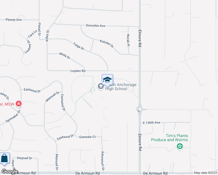 map of restaurants, bars, coffee shops, grocery stores, and more near 13400 Elmore Road in Anchorage