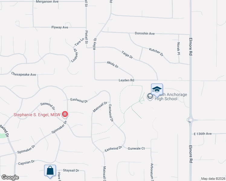 map of restaurants, bars, coffee shops, grocery stores, and more near 3531 Eastwind Drive in Anchorage