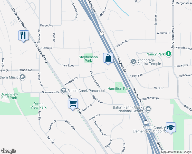 map of restaurants, bars, coffee shops, grocery stores, and more near 13231 Stephenson Street in Anchorage