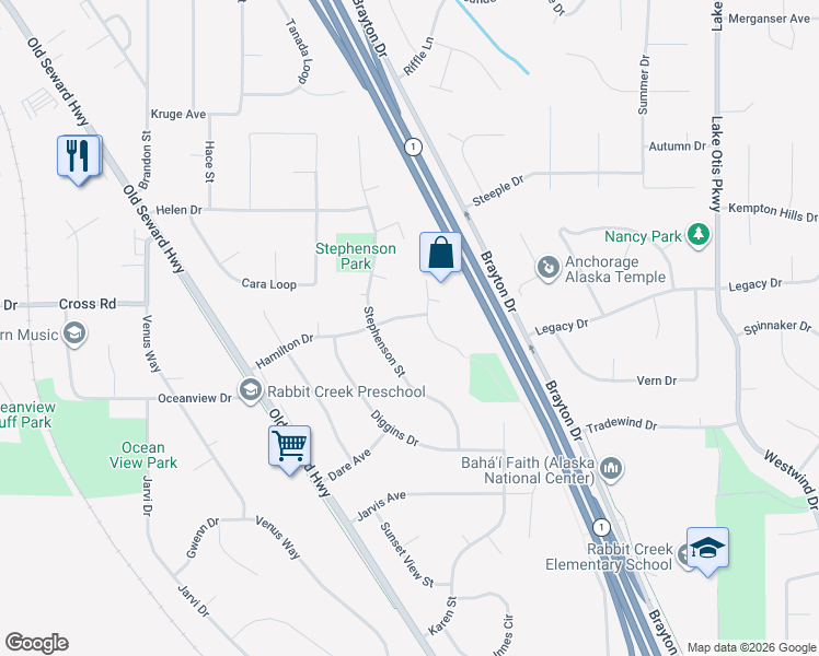 map of restaurants, bars, coffee shops, grocery stores, and more near 1936 Hamilton Drive in Anchorage