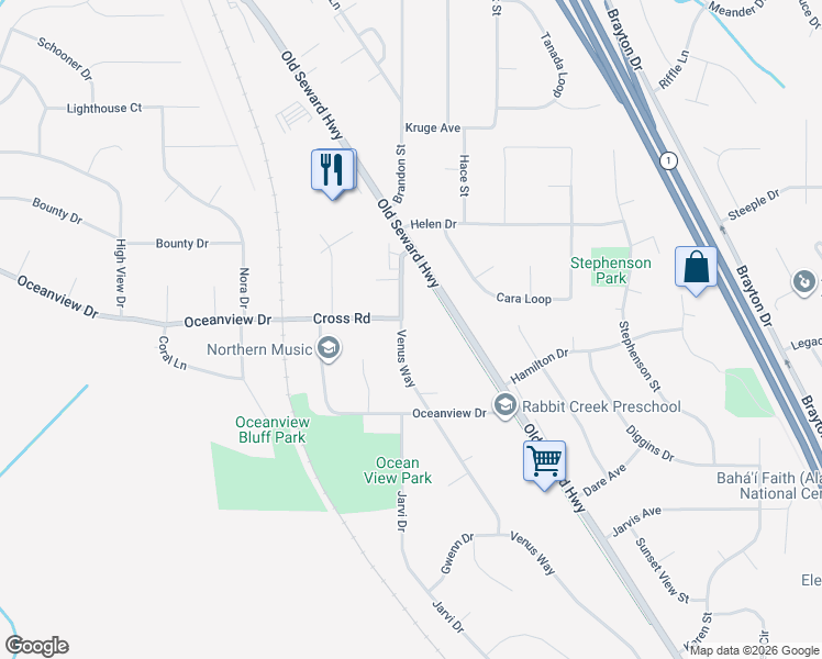 map of restaurants, bars, coffee shops, grocery stores, and more near 13201 Venus Way in Anchorage