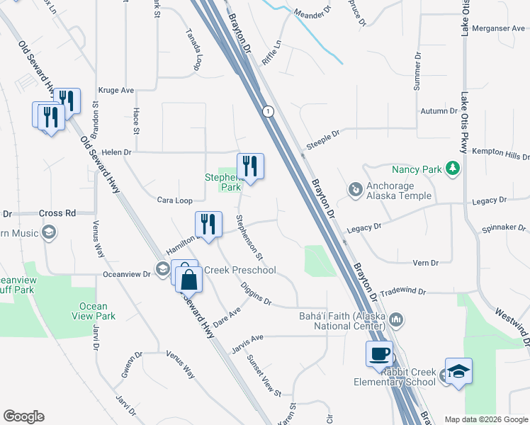 map of restaurants, bars, coffee shops, grocery stores, and more near 1936 Hamilton Drive in Anchorage