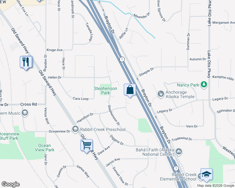 map of restaurants, bars, coffee shops, grocery stores, and more near 13034 Bates Circle in Anchorage