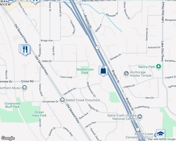 map of restaurants, bars, coffee shops, grocery stores, and more near 13024 Stephenson Street in Anchorage