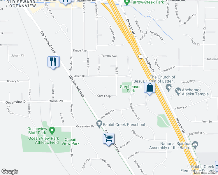 map of restaurants, bars, coffee shops, grocery stores, and more near 13111 Scottie Court in Anchorage