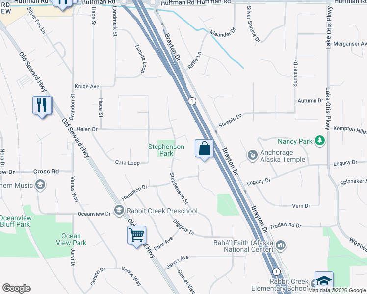 map of restaurants, bars, coffee shops, grocery stores, and more near 13034 Bates Circle in Anchorage