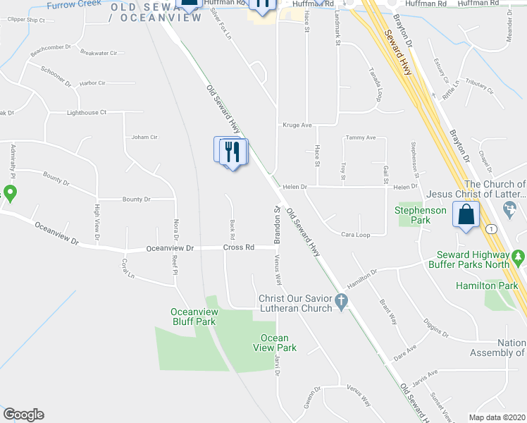 map of restaurants, bars, coffee shops, grocery stores, and more near 13030 Brandon Street in Anchorage