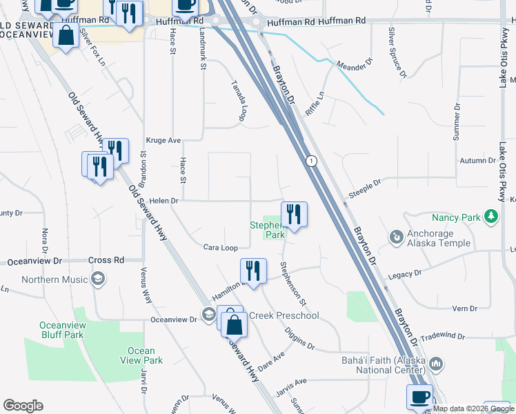 map of restaurants, bars, coffee shops, grocery stores, and more near 13024 Stephenson Street in Anchorage