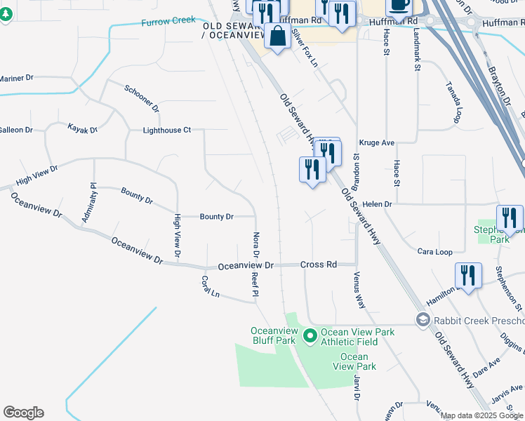 map of restaurants, bars, coffee shops, grocery stores, and more near 13121 Nora Drive in Anchorage