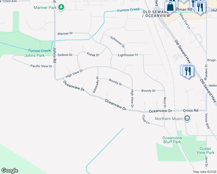 map of restaurants, bars, coffee shops, grocery stores, and more near 609 Oceanview Drive in Anchorage