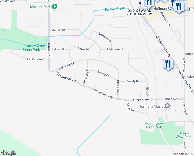 map of restaurants, bars, coffee shops, grocery stores, and more near 609 Oceanview Drive in Anchorage
