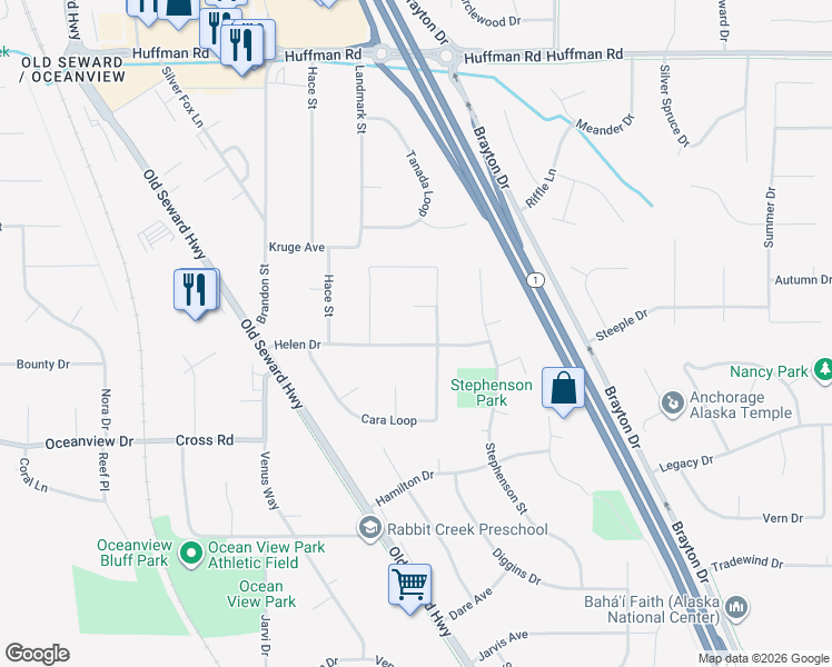 map of restaurants, bars, coffee shops, grocery stores, and more near 12630 Gail Street in Anchorage