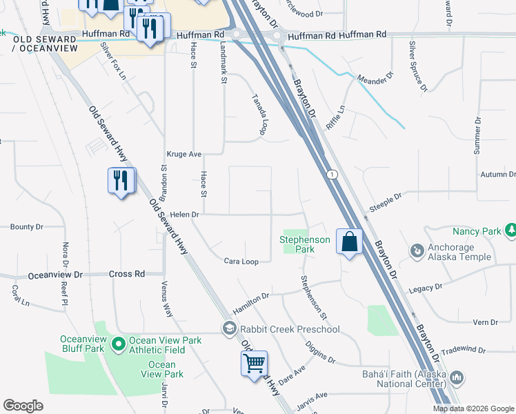 map of restaurants, bars, coffee shops, grocery stores, and more near 12630 Gail Street in Anchorage