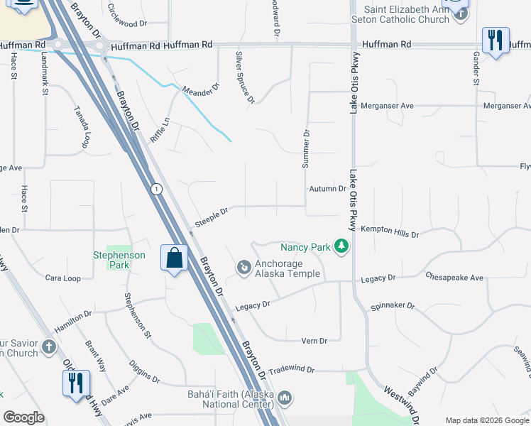 map of restaurants, bars, coffee shops, grocery stores, and more near 2201 Steeple Drive in Anchorage