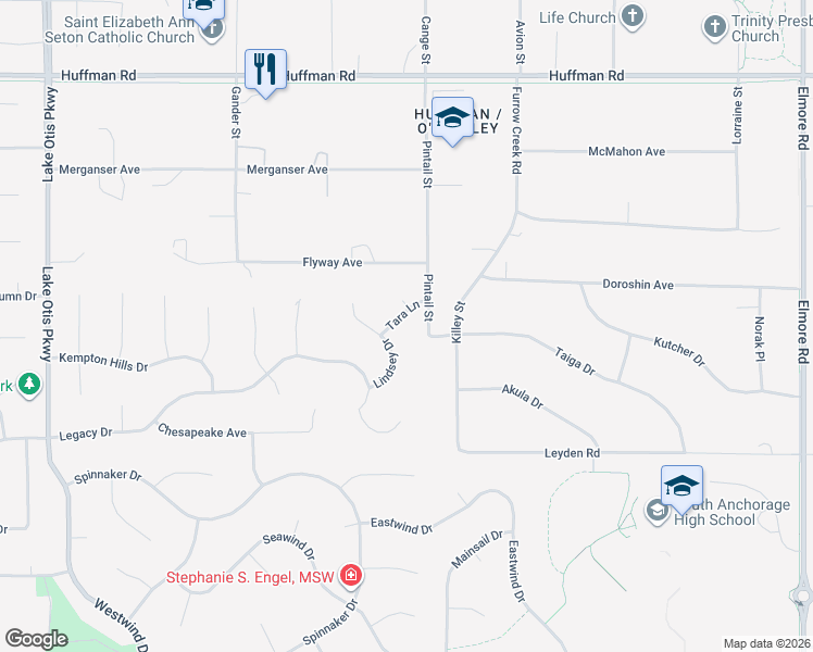 map of restaurants, bars, coffee shops, grocery stores, and more near 12917 Tara Lane in Anchorage