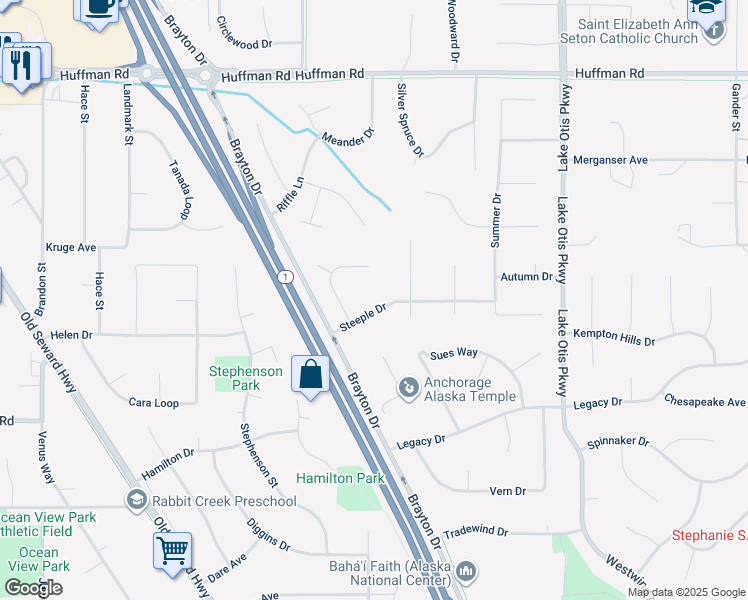 map of restaurants, bars, coffee shops, grocery stores, and more near 2031 Steeple Drive in Anchorage