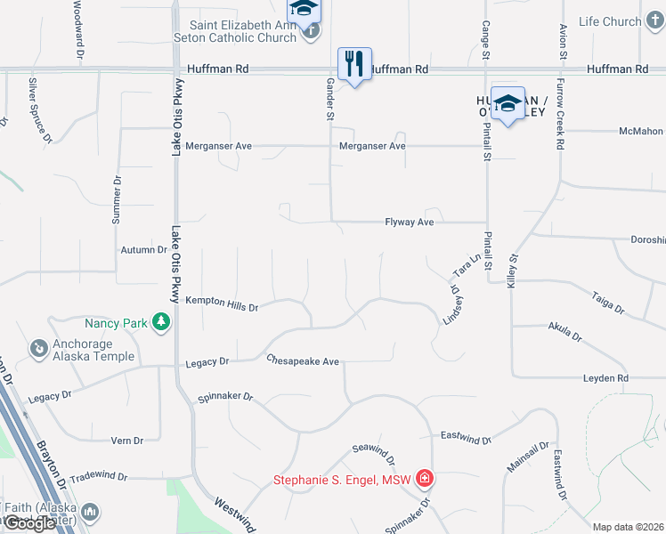 map of restaurants, bars, coffee shops, grocery stores, and more near 12830 Mission Circle in Anchorage
