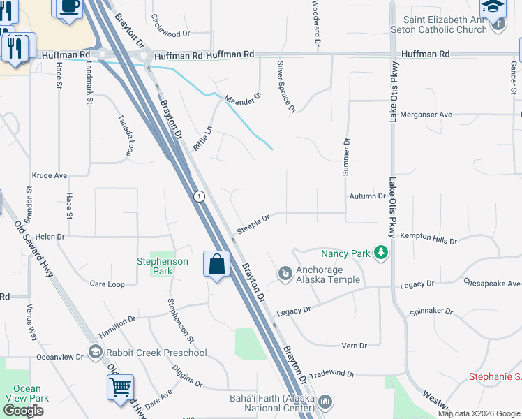 map of restaurants, bars, coffee shops, grocery stores, and more near 2031 Steeple Drive in Anchorage