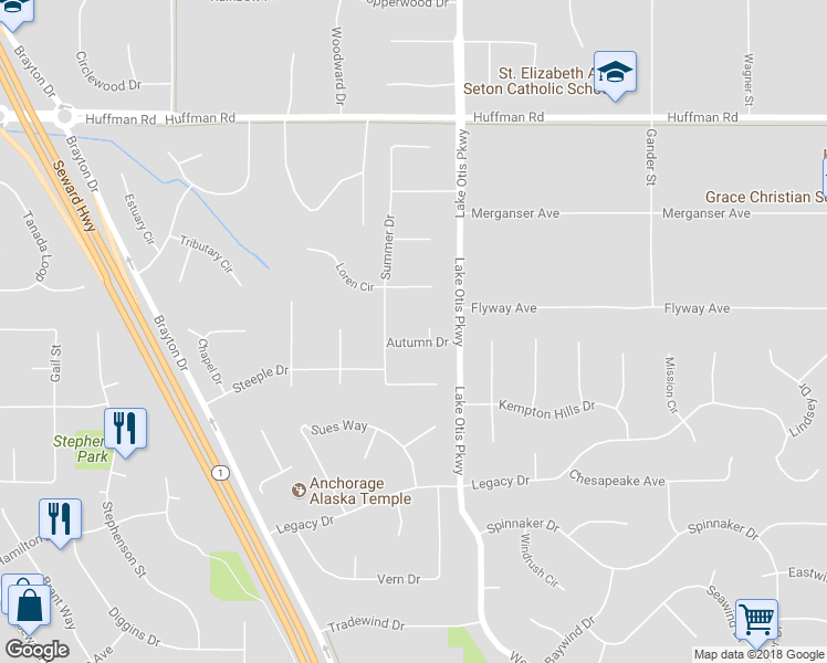 map of restaurants, bars, coffee shops, grocery stores, and more near 2421 Autumn Circle in Anchorage