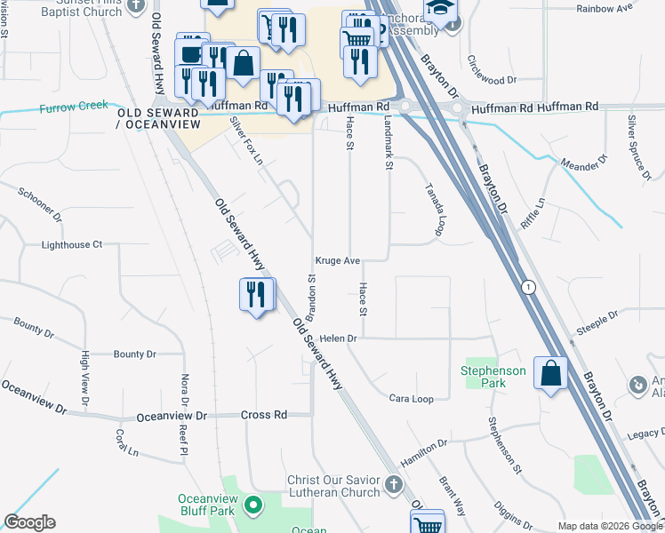 map of restaurants, bars, coffee shops, grocery stores, and more near 1400 Kruge Street in Anchorage