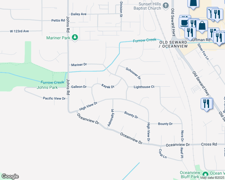 map of restaurants, bars, coffee shops, grocery stores, and more near 501 Kayak Drive in Anchorage