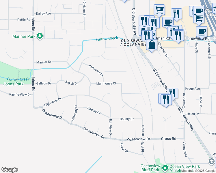 map of restaurants, bars, coffee shops, grocery stores, and more near 12731 Schooner Drive in Anchorage