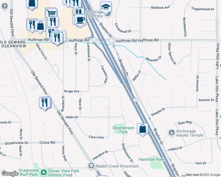 map of restaurants, bars, coffee shops, grocery stores, and more near 12641 Tanada Circle in Anchorage